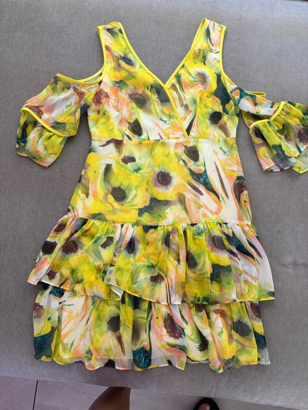 Bar III Yellow Floral Cold-Shoulder Tiered Dress